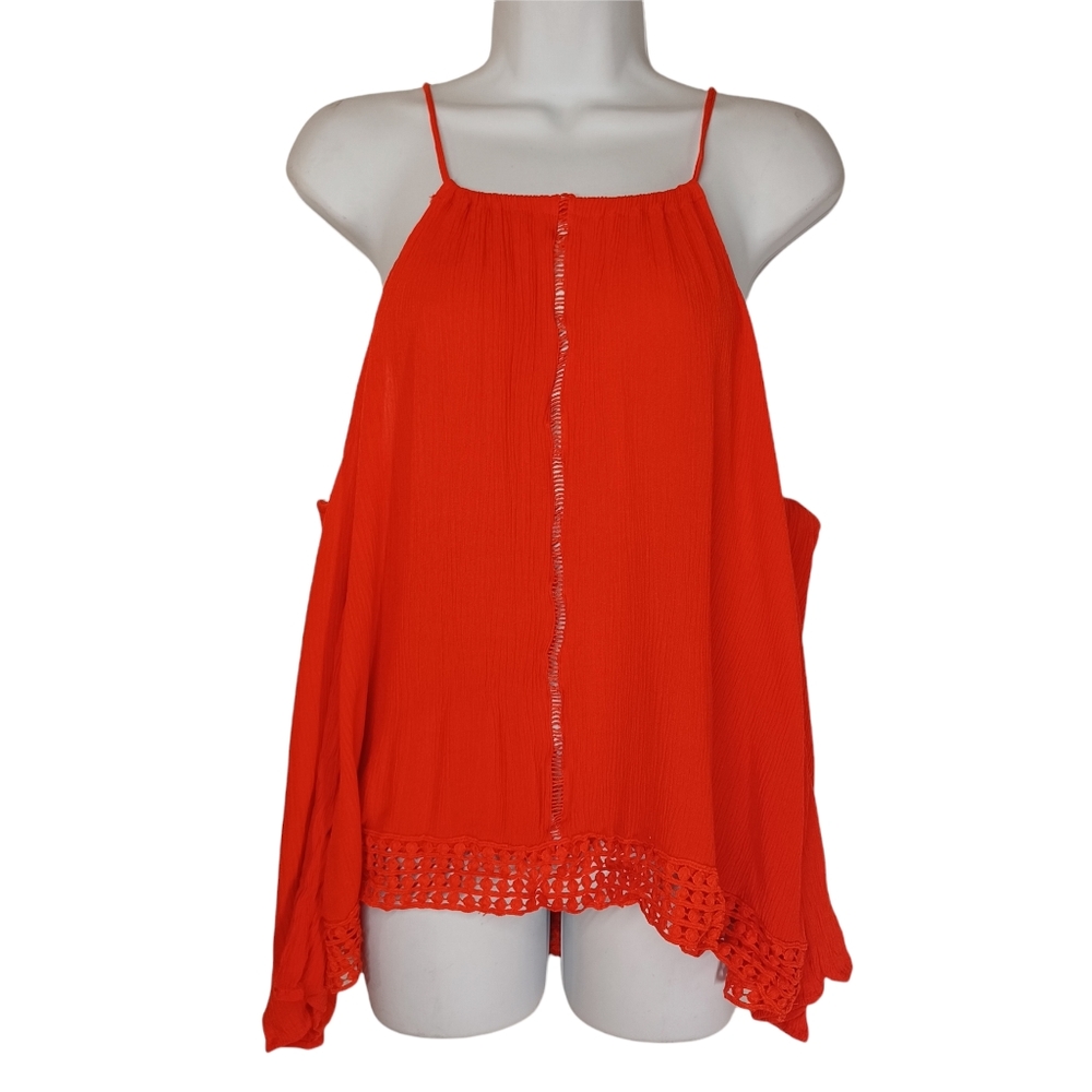 SWEET WANDERER Red Orange Cold Shoulder Crepe Lace Hem Large Top